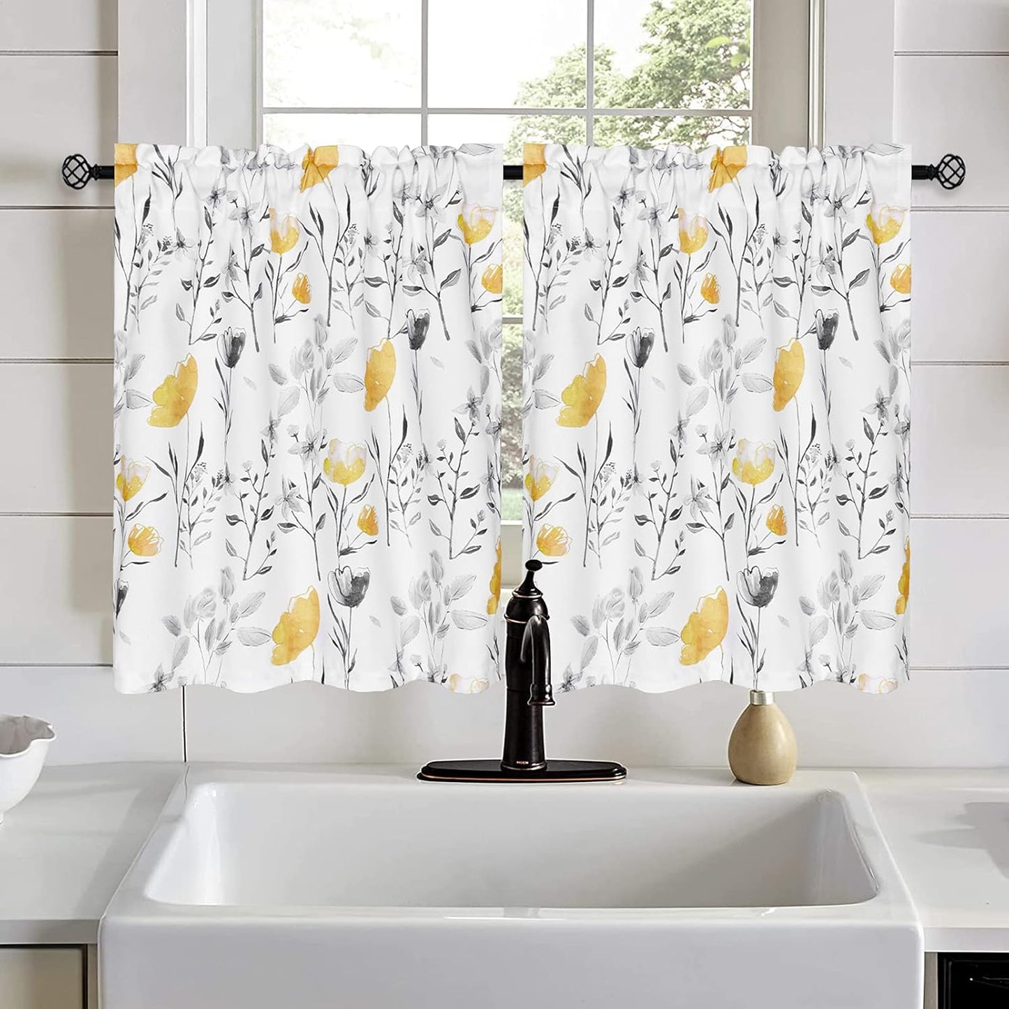 Alishomtll Kitchen Curtains Yellow Floral Watercolor Print Tier Curtains Light Filtering Rod Pocket Small Window Curtain Sets,26"Wx24"L,2 Panels