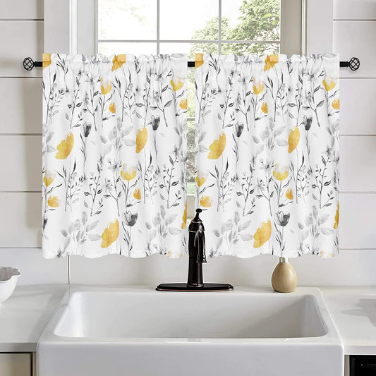 Alishomtll Kitchen Curtains Yellow Floral Watercolor Print Tier Curtains Light Filtering Rod Pocket Small Window Curtain Sets,26"Wx24"L,2 Panels