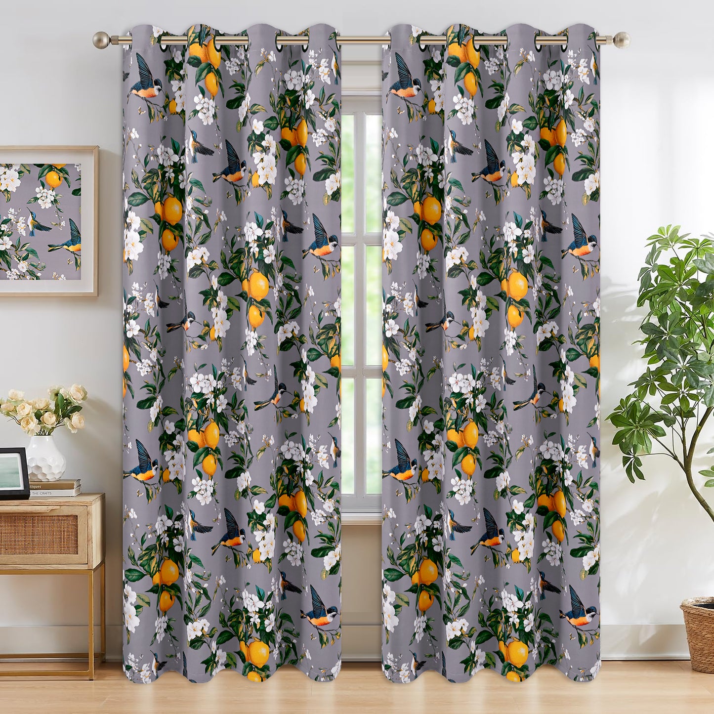 Alishomtll Floral Lemon Hummingbird Blackout Curtains Room Darkening Grommet Window Drapes for Living Room , 52"x84", ,Set of 2 Panels,Grey