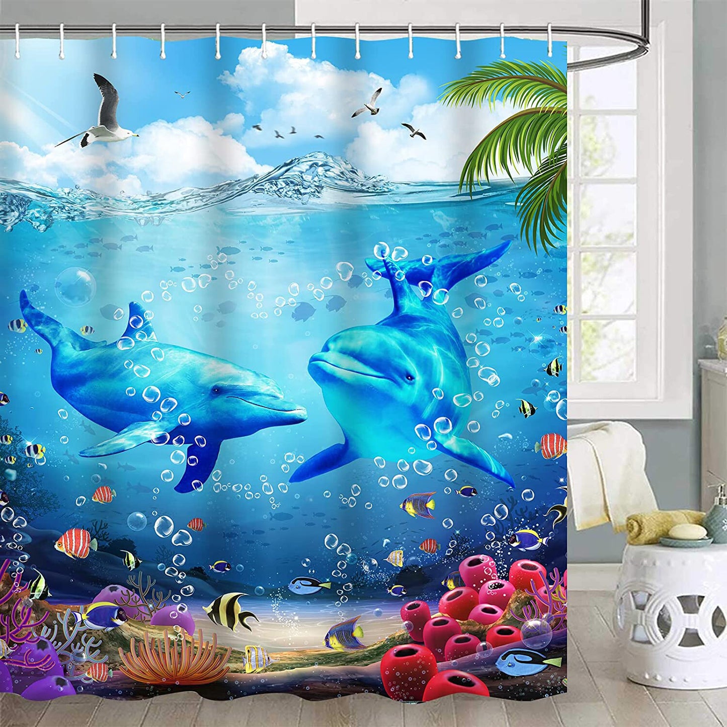 FRAMICS Blue Dolphin Shower Curtain and Rug Sets, 16 Pc Ocean World Bathroom Sets, Waterproof Fabric Shower Curtain with 12 Hooks and Toilet Rugs