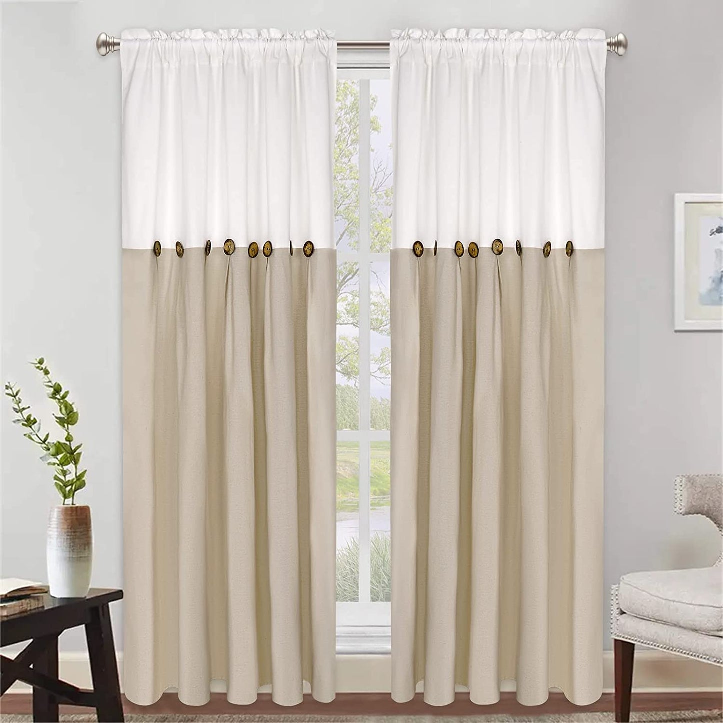 Alishomtll Linen Curtains Farmhouse Boho Button Light Filtering Window Drapes For Living Room Bedroom,Rod Pocket,84"L x 52"W, 2 Panel,Linen White