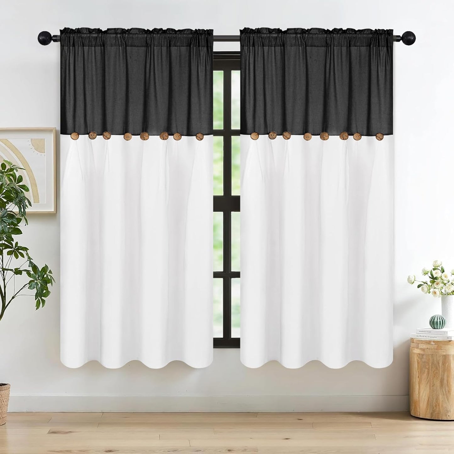 Alishomtll Linen Curtains Farmhouse Boho Button Light Filtering Window Drapes For Living Room Bedroom,Rod Pocket,63"L x 52"W, 2 Panel,Black White