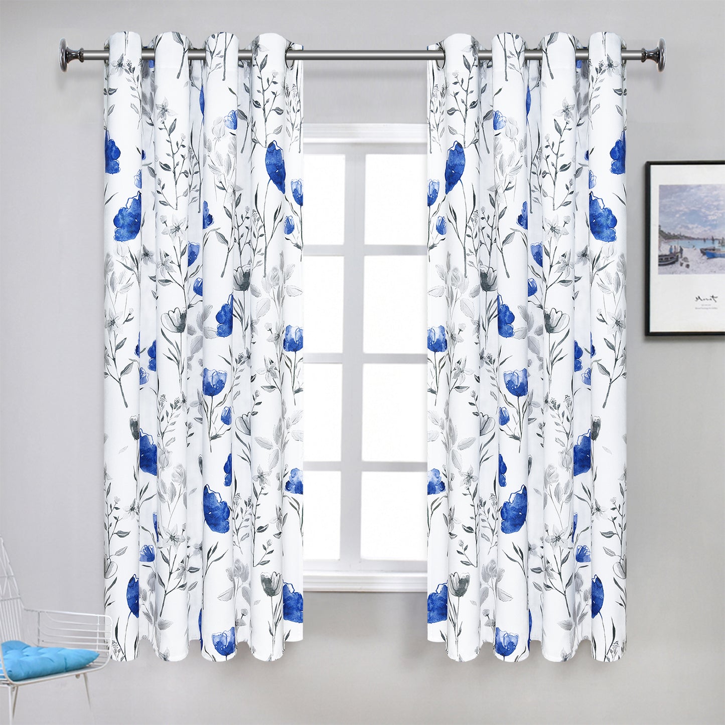 Alishomtll Watercolor Blue Gray Floral Window Curtains for Living Room Light-filtering Grommet Drapes, 52"x 63",Set of 2