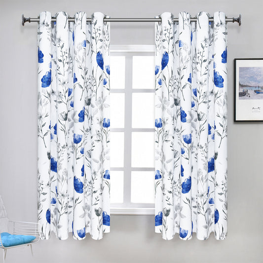 Alishomtll Watercolor Blue Gray Floral Window Curtains for Living Room Light-filtering Grommet Drapes, 52"x 63",Set of 2