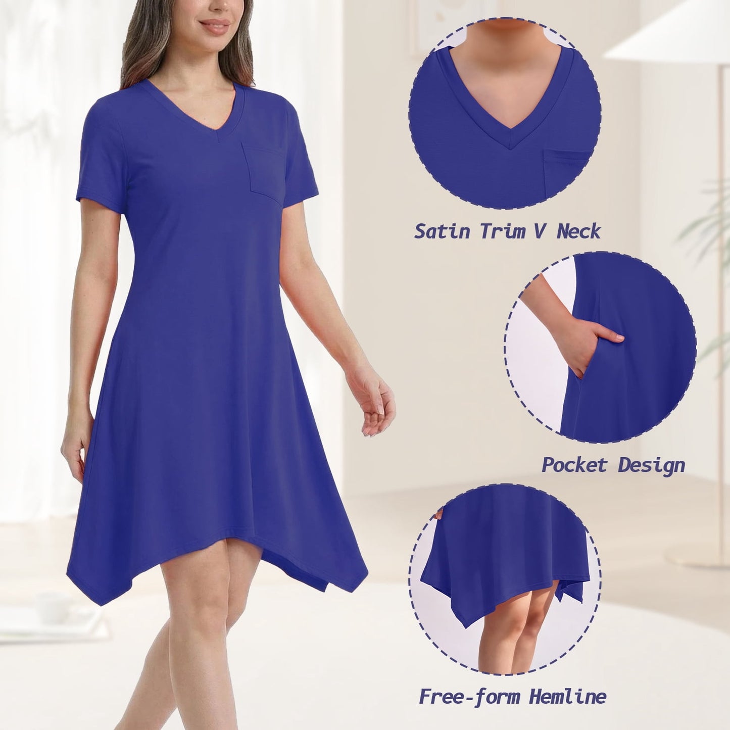 MecTo Summer Dresses for Women Soft V-neck Short Sleeve T shirts Asymmetrical Hem Casual Dress with Pockets