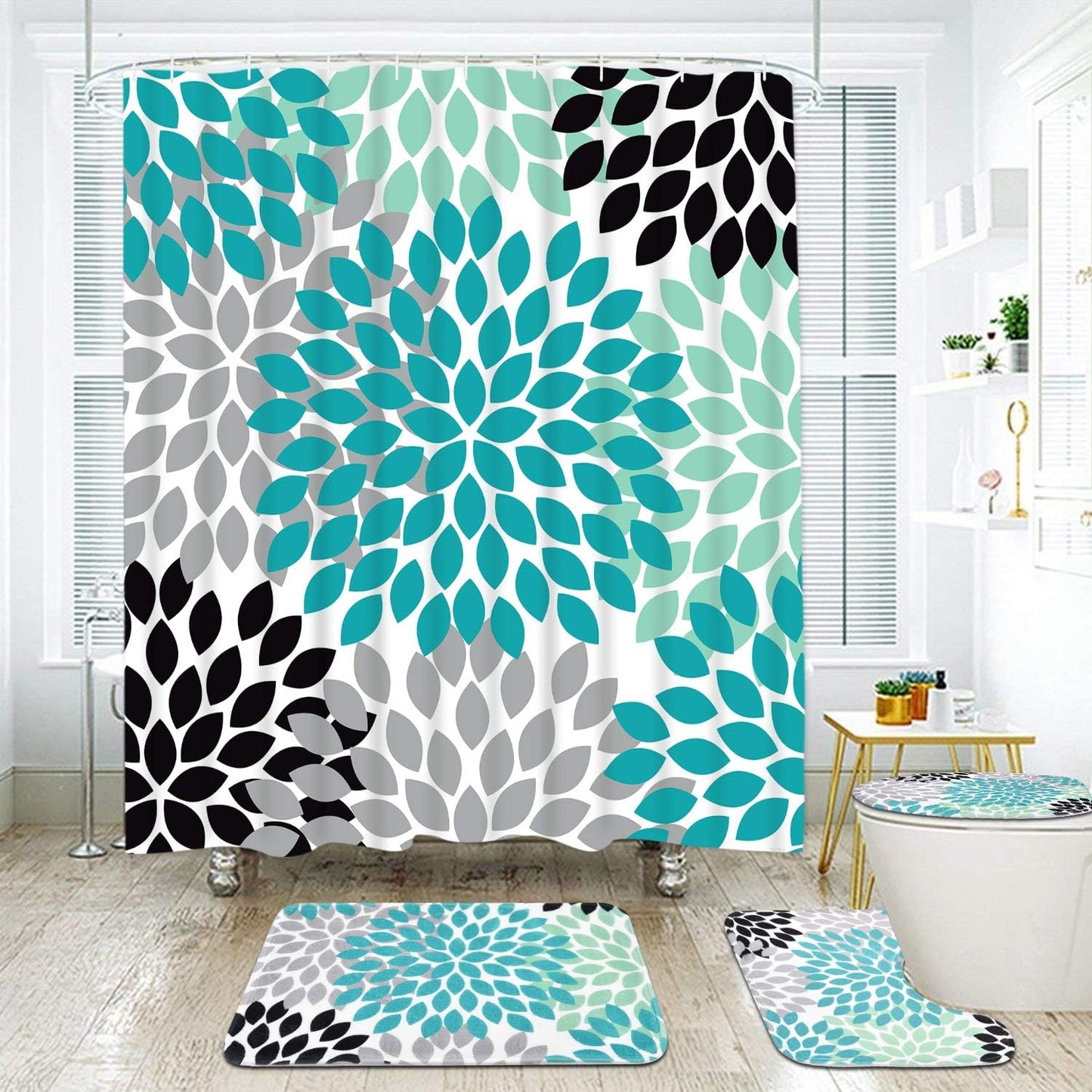 FRAMICS 16 Pc Dahlia Pinnata Shower Curtain Sets with Rugs, Blue Flower Bathroom Sets, Waterproof Fabric Shower Curtain with 12 Hooks and Toilet Rugs