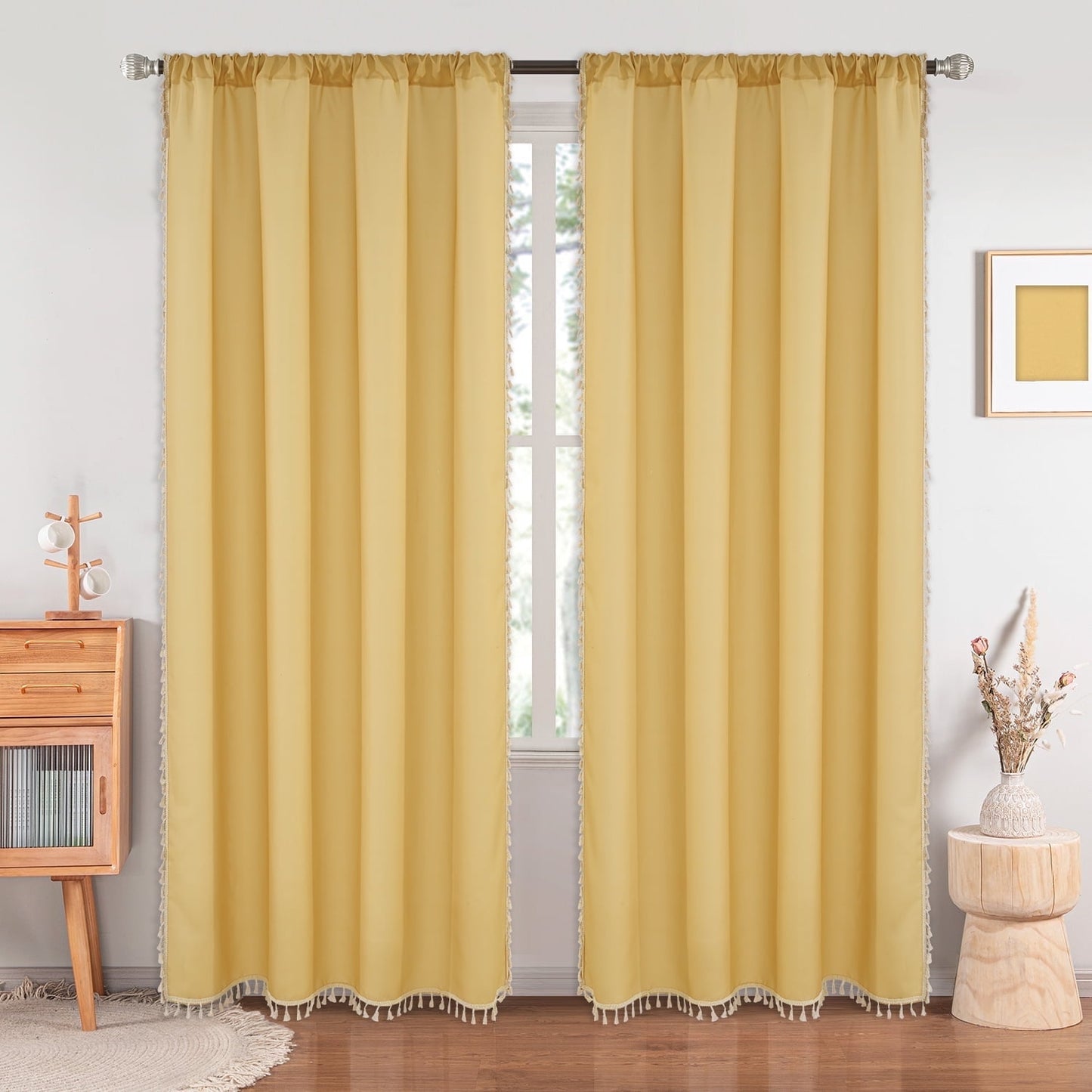Invoibler Boho Curtains with Tassels,60-65% Room Darkening Curtain,Window Drapes,2 Panel,Yellow