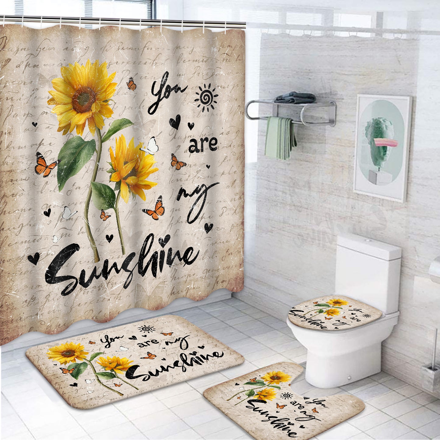 FRAMICS Beige Sunflower Shower Curtain and Rug Sets, 16 Pc You are My Sunshine Bathroom Sets, Waterproof Fabric Shower Curtain with 12 Hooks and Toilet Rugs