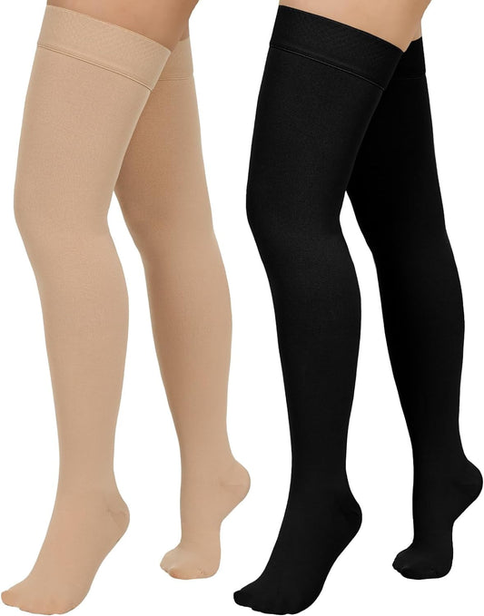 2 Pair Wukang 20-32mmHg Thigh High Compression Stocking Closed Toe Compression Socks for Women & Men(Beige+Black)