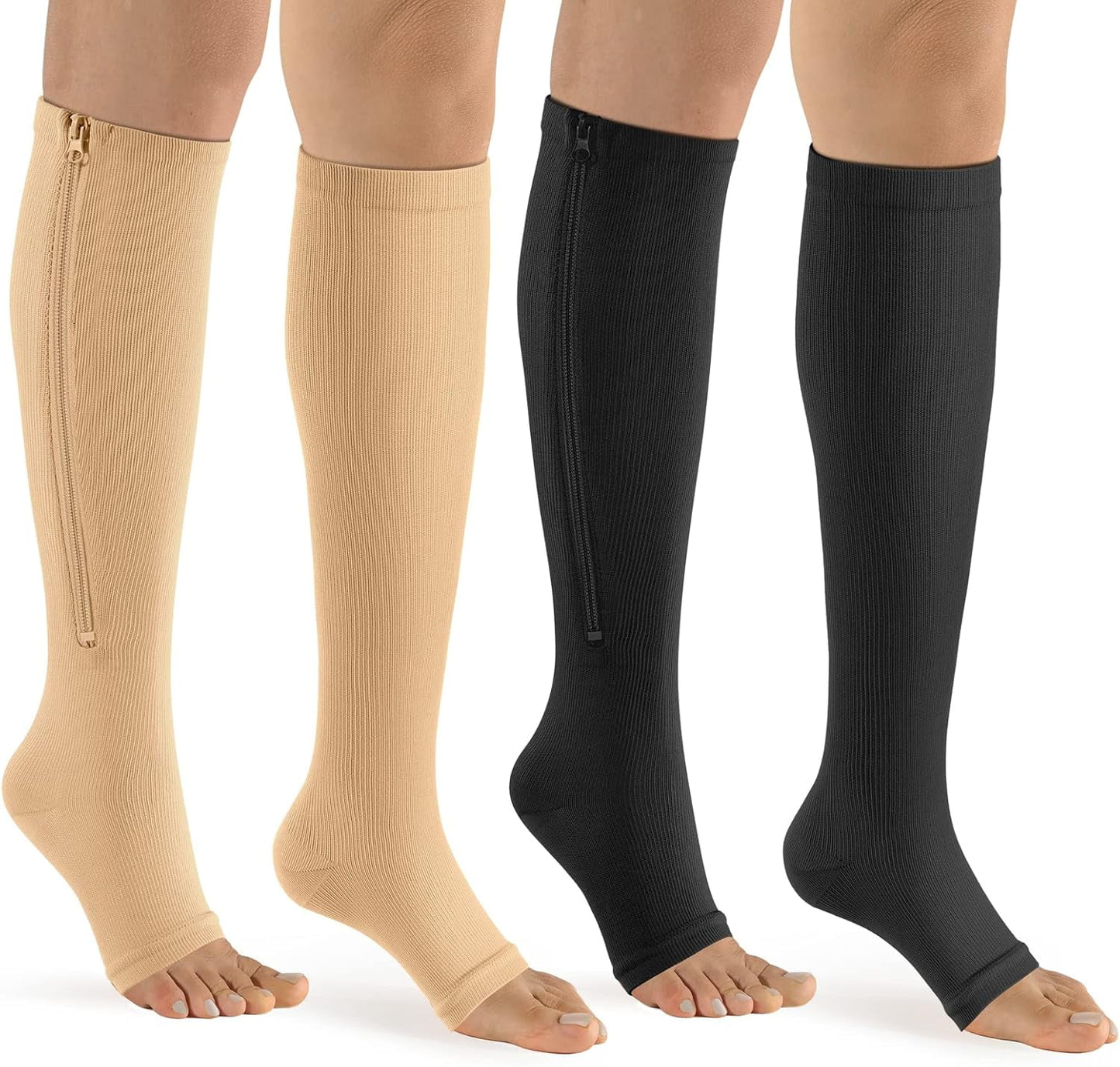 Sunm Boutique 2 Pairs Zipper Compression Socks 15-20 mmHg Open Toe Compression Stocking for Women and Men