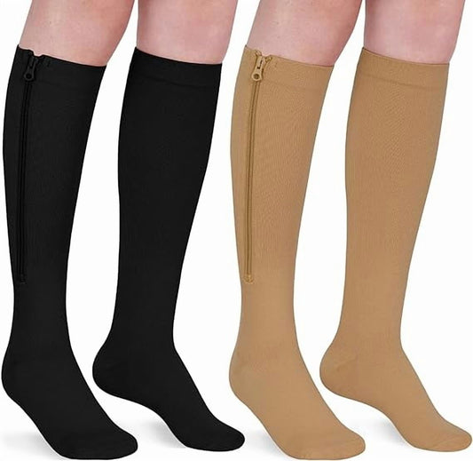 2 Pairs Wukang Zipper Compression Socks for Women & Men, 15-20 mmHg Closed Toe Compression Stocking with Zipper (Black+Beige)