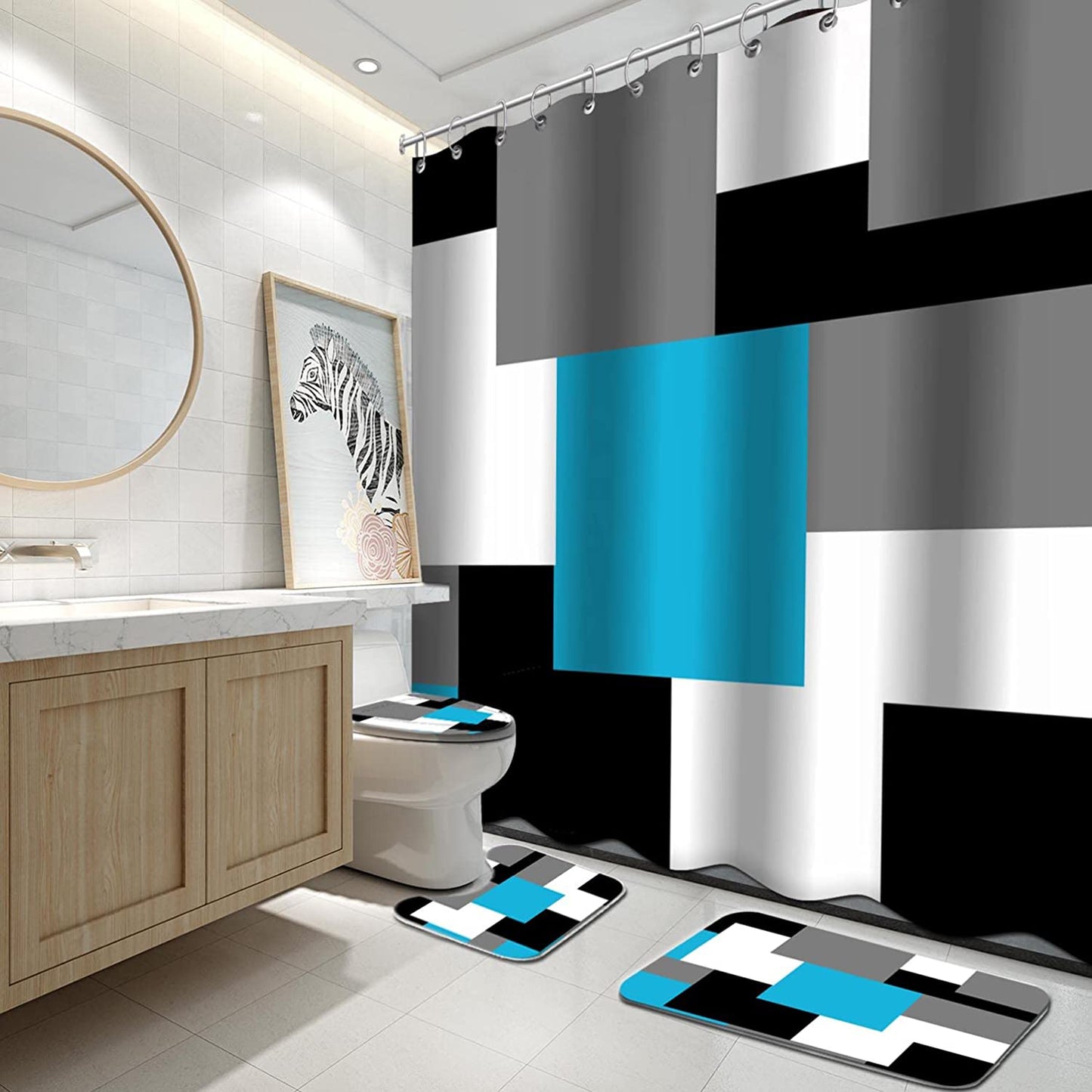 FRAMICS Blue Geometric Shower Curtain and Rug Sets, 16 Pc Black Grey Modern Abstract Bathroom Sets, Waterproof Fabric Shower Curtain with 12 Hooks and Toilet Rugs