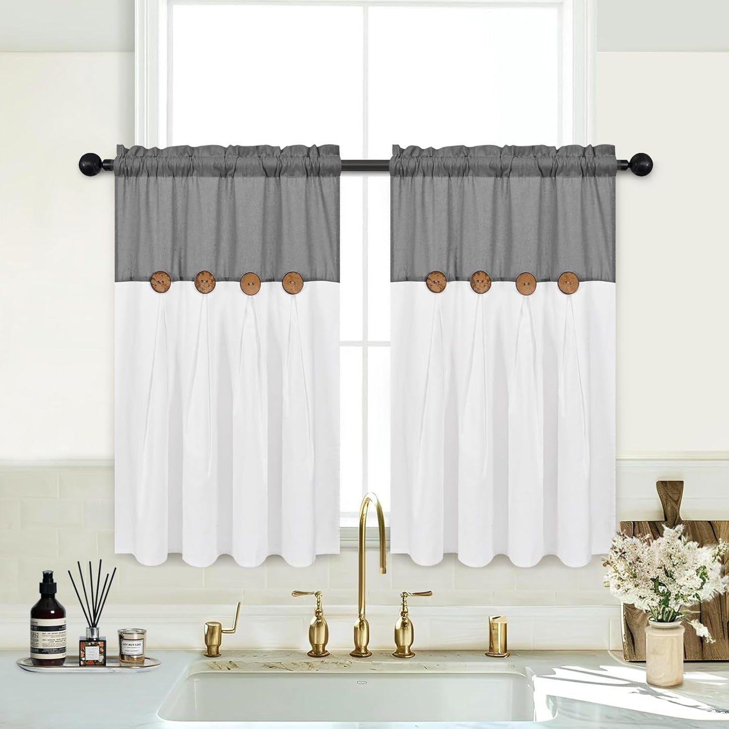 Alishomtll Linen Farmhouse White Boho Button Solid Print Rod Pocket Light Filtering Curtains, 26" x 36" (2 Panels),Gray white