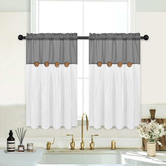 Alishomtll Linen Farmhouse White Boho Button Solid Print Rod Pocket Light Filtering Curtains, 26" x 36" (2 Panels),Gray white