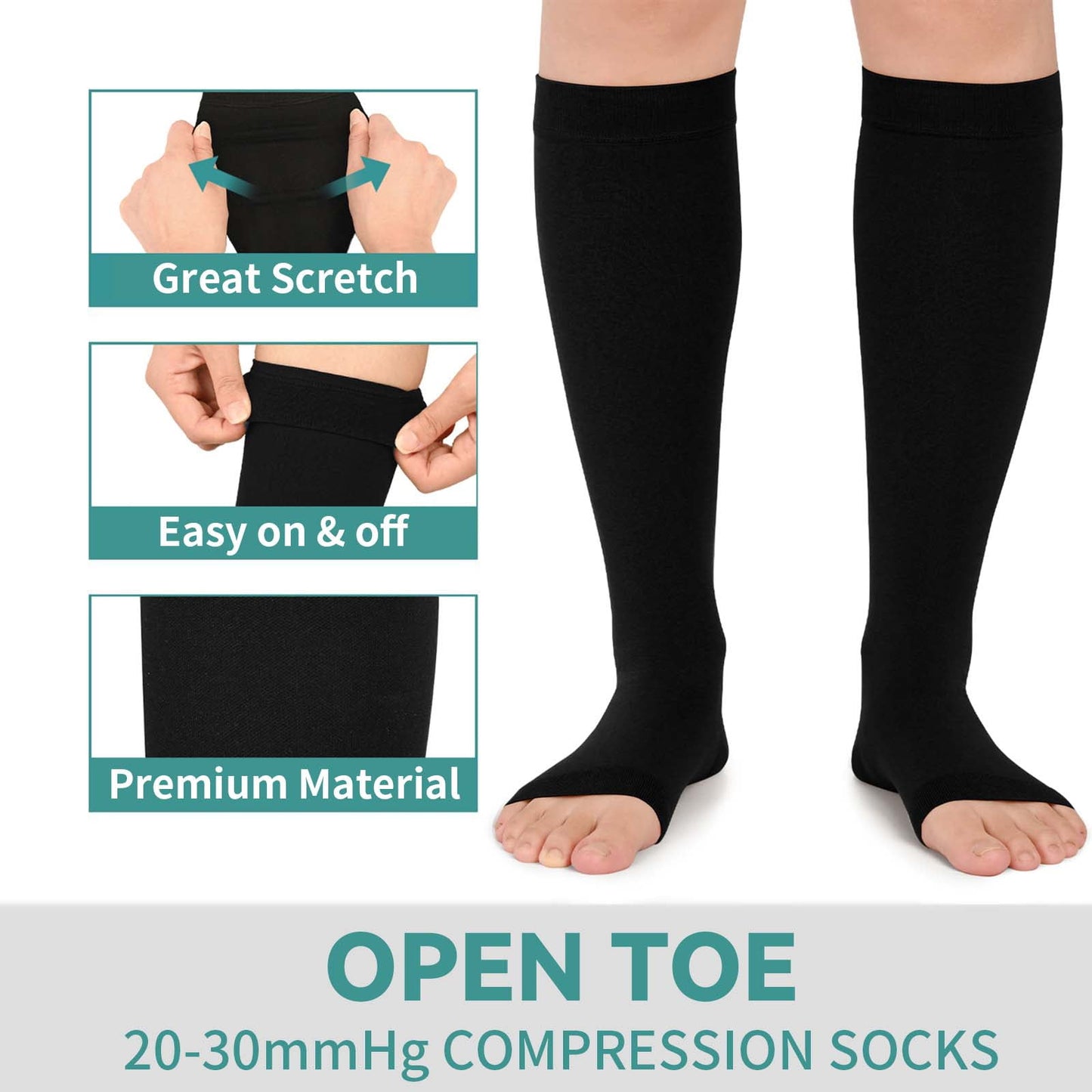 MARTINE MALL 2 Pair Knee High Graduated Compression Stockings 20-30 mmhg Open Toe Compression Socks for Women and Men(Beige+Black)