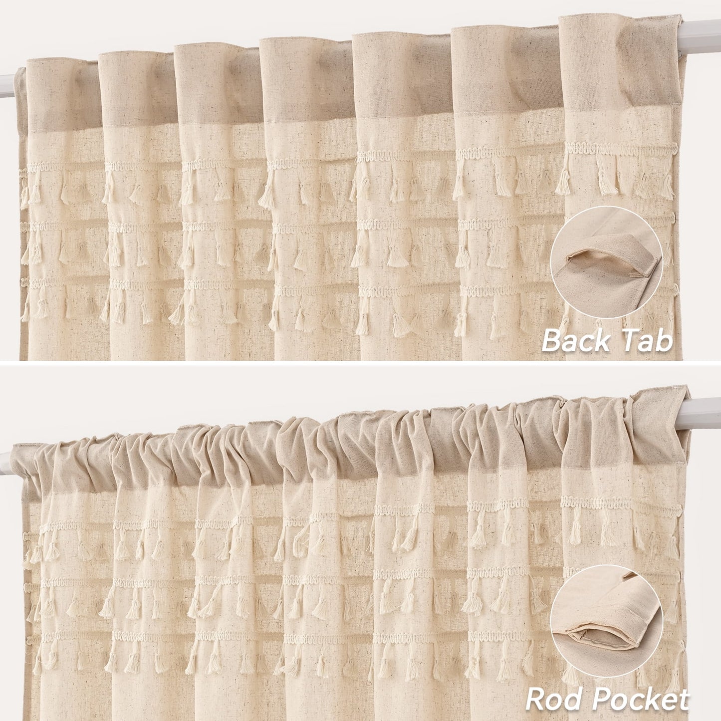 Alishomtll Boho Curtains for Living Room Semi Blackout Curtains with 8 Tassel Window Drapes Back Tab ,Natural，52"Wx63"L，2 Panels