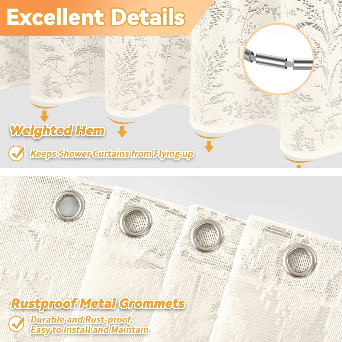 FRAMICS Vintage Lace Shower Curtain Sets with Rug and Hooks, Waterproof Fabric Semi Sheer Leaf Floral Bathroom Sets, Mold Resistant, Beige