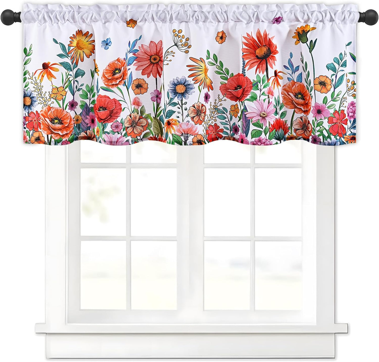 Alishomtll Valance Curtains Blossom Floral Print Window Curtain Valance Rod Pocket, 52W" x 18L",White