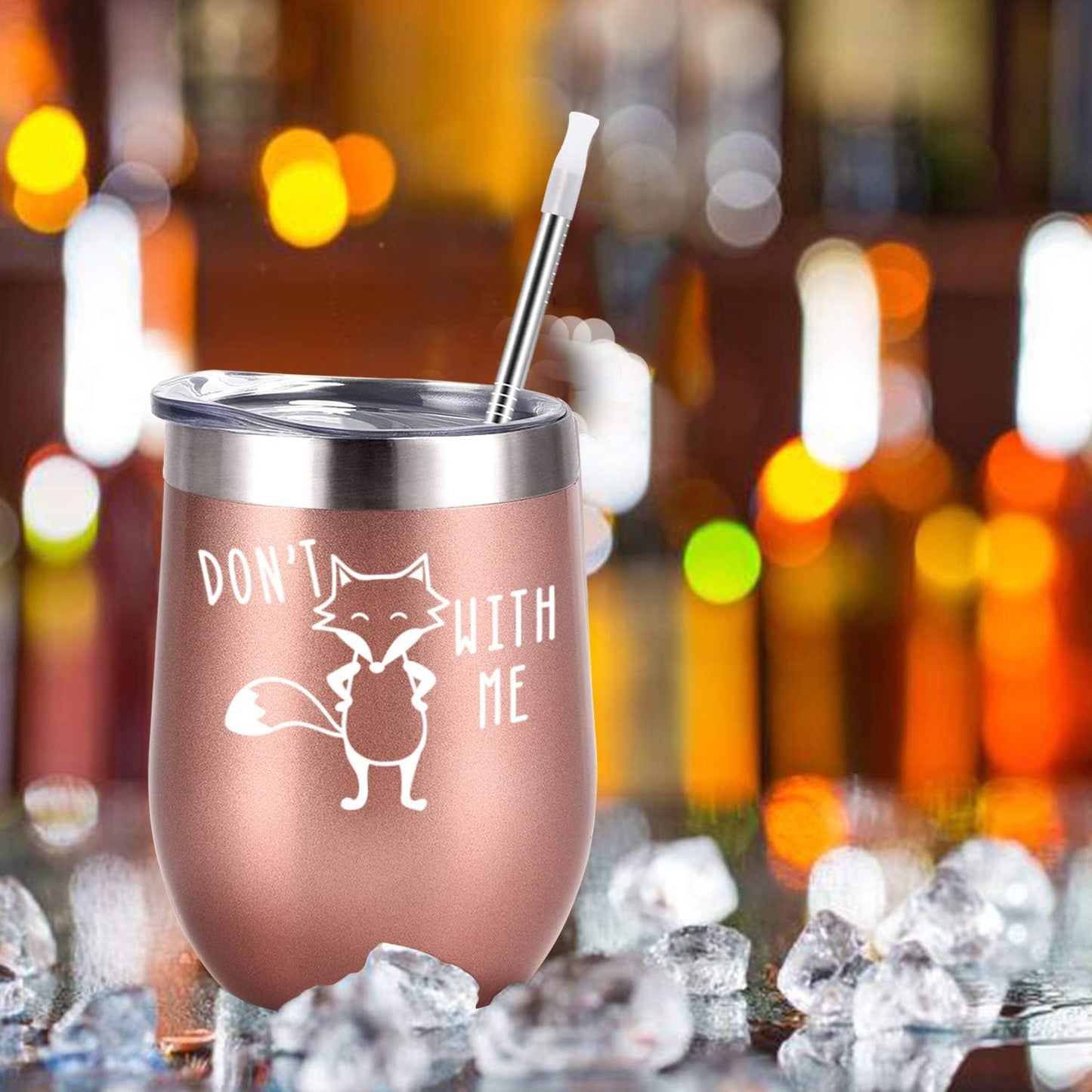 Gingprous 4 Pack The Fox Series Stainless Steel Wine Tumbler Set with Lid and Straw , 12 oz Vacuum Insulated Cup , Rose Gold