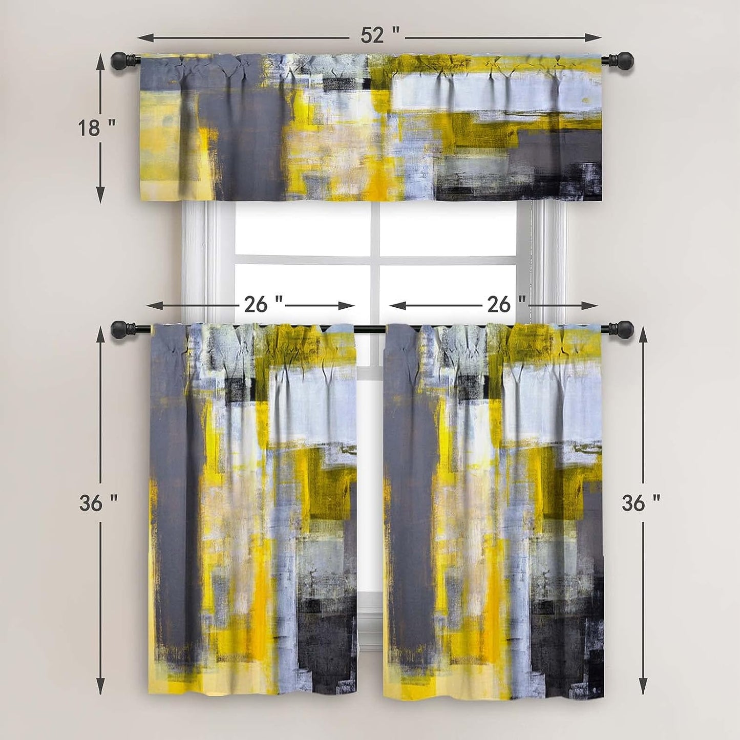 Alishomtll Kitchen Curtains and Valances Sets Grey Yellow Rod Pocket Kitchen Curtains 3 Piece Set 36 Inches Long
