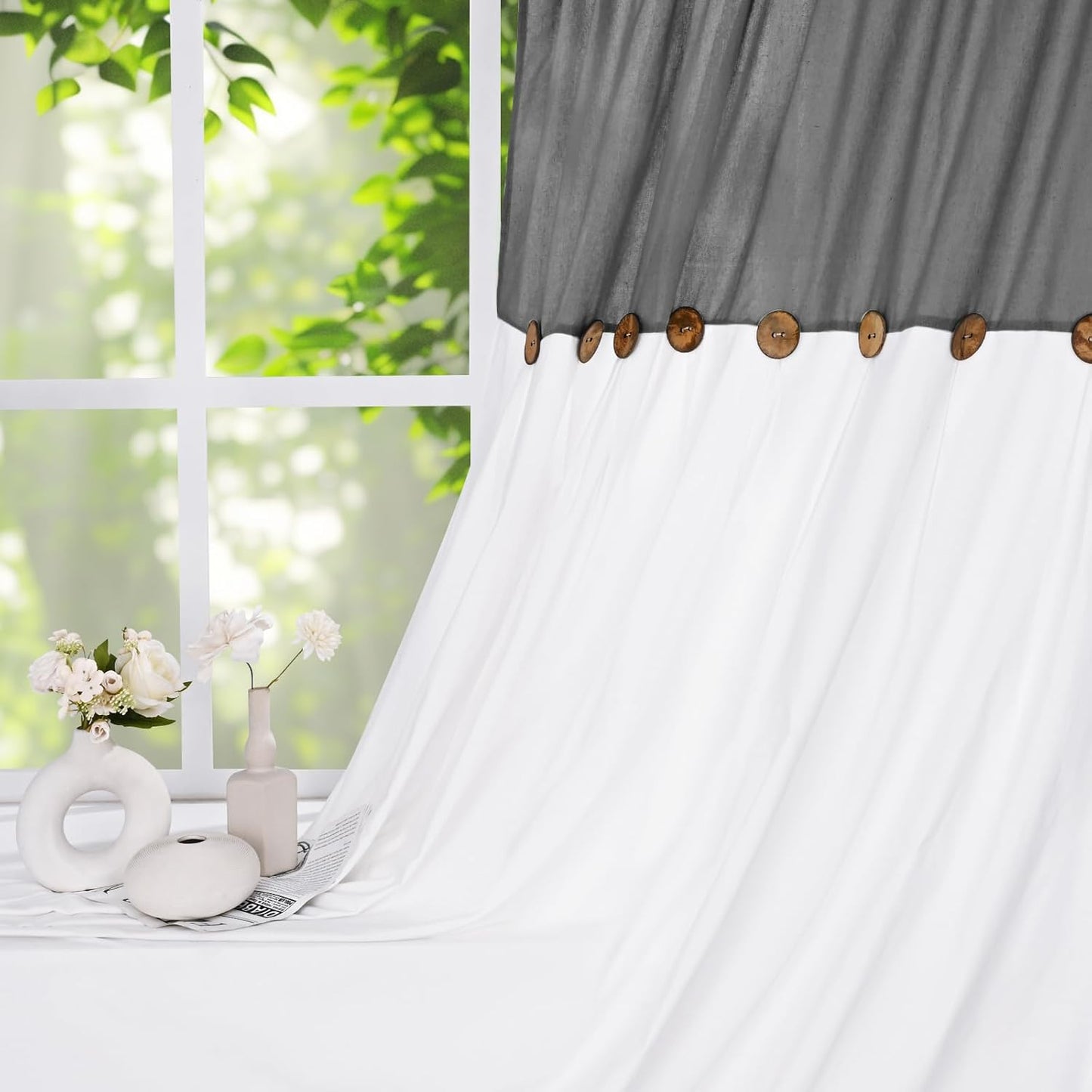 Alishomtll Linen Curtains Farmhouse Boho Button Light Filtering Window Drapes For Living Room Bedroom,Rod Pocket,63"L x 52"W, 2 Panel,Gray White