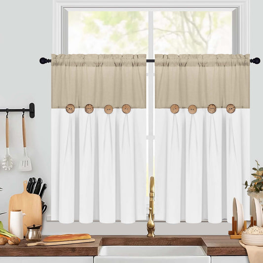 Alishomtll Linen Kitchen Curtains 36 inch Farmhouse Boho Button Light Filtering Window Drapes,Rod Pocket,36"L x 26"W, 2 Panel,White Linen