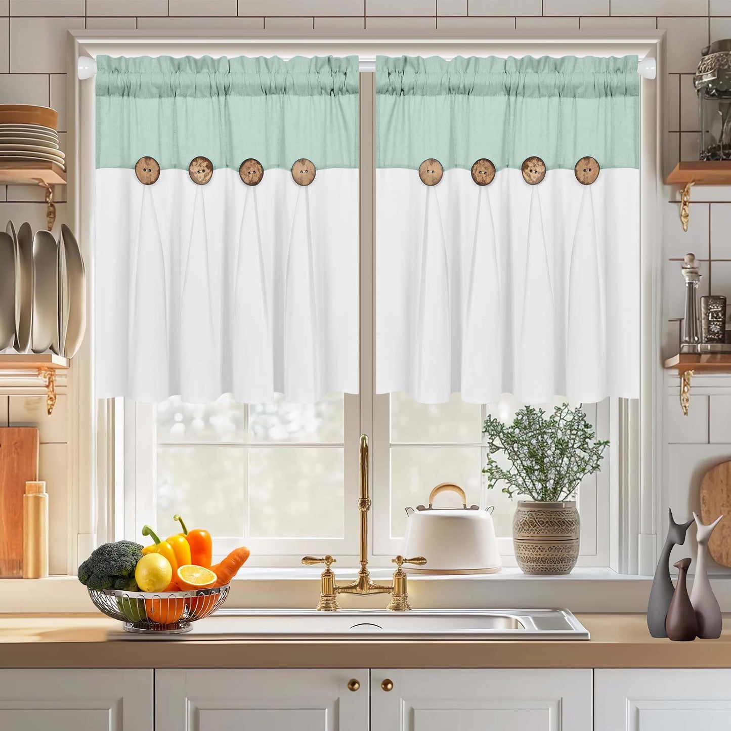 Alishomtll Farmhouse White Solid Print Rustic Rod Pocket Light Filtering Curtain Set, 26" x 24" (2 Panels),Teal White