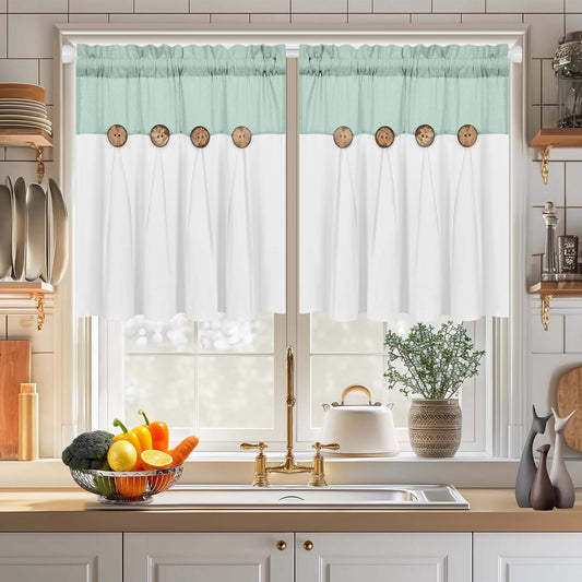 Alishomtll Farmhouse White Solid Print Rustic Rod Pocket Light Filtering Curtain Set, 26" x 24" (2 Panels),Teal White