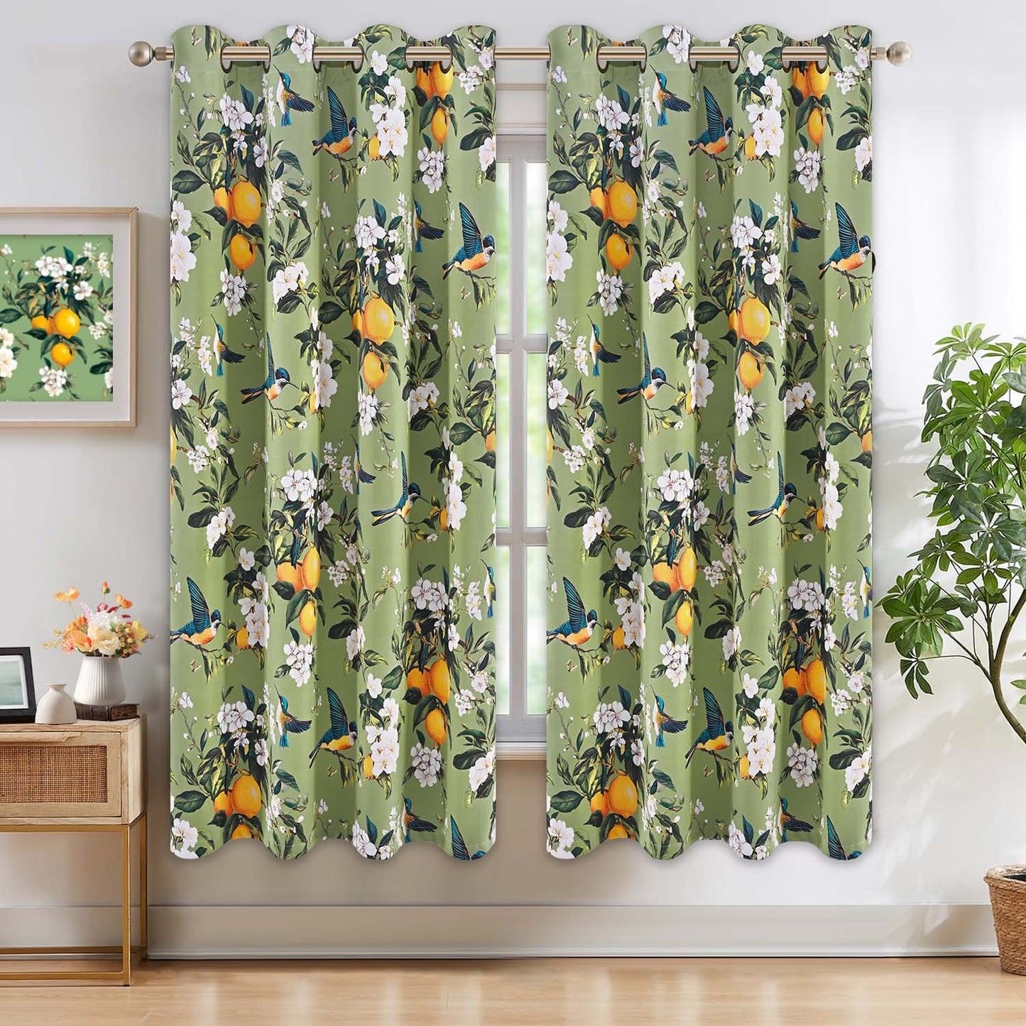 Alishomtll Floral Lemon Hummingbird Blackout Curtains Room Darkening Grommet Window Drapes for Living Room , 52" x63", ,Set of 2 Panels,Sage Green