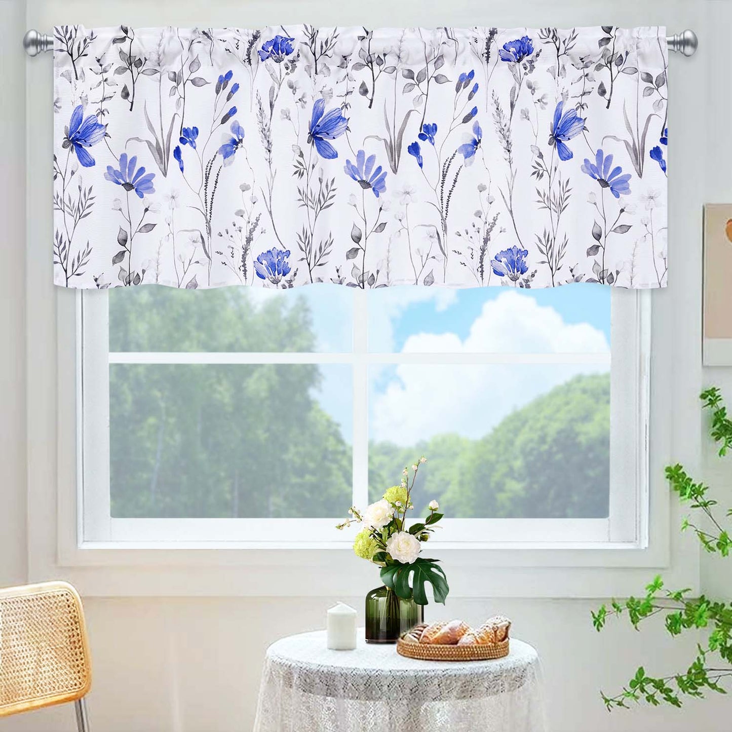 Alishomtll Valance Curtains Blue Flower Floral Print Valances for Windows Rod Pocket,52W" x 18L"