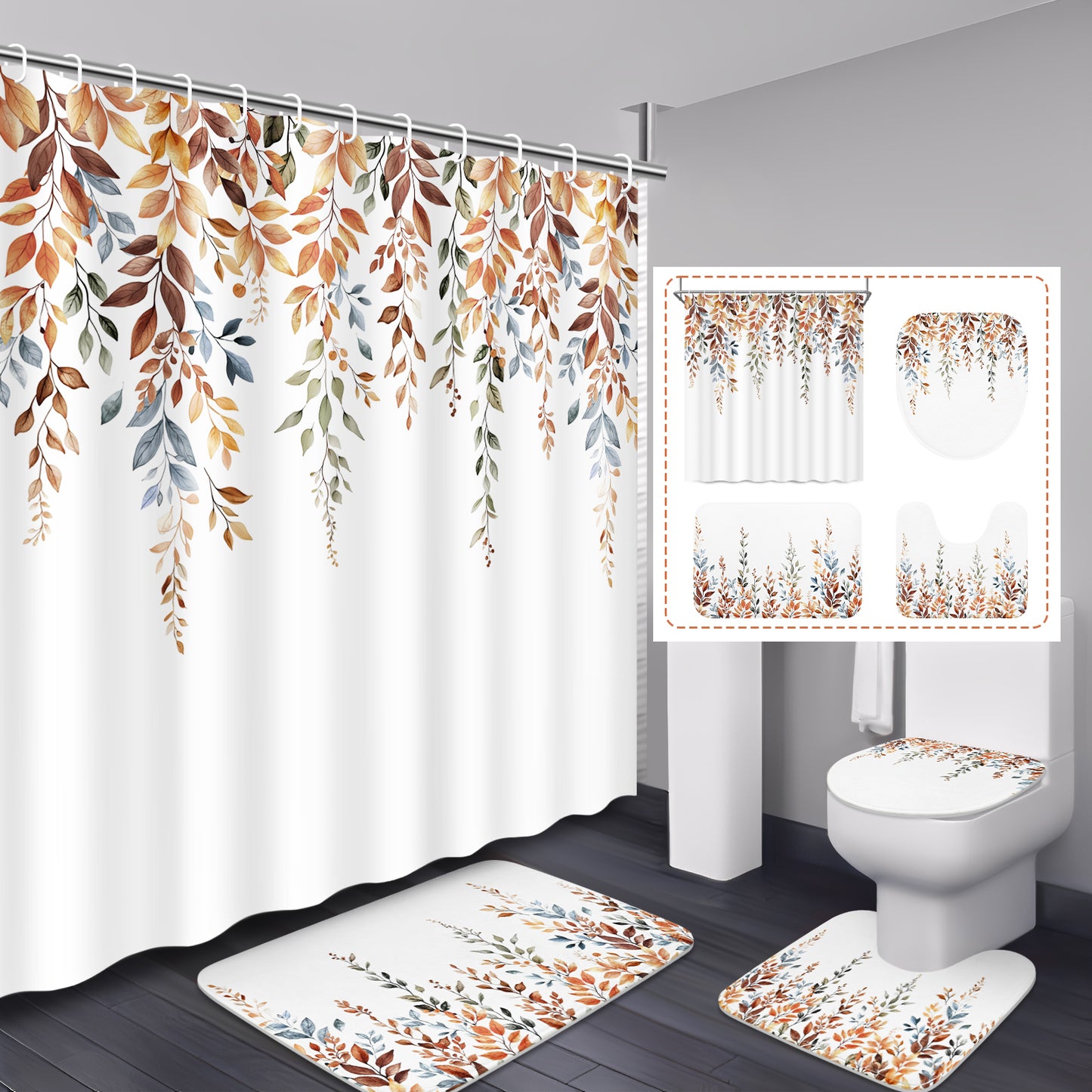 FRAMICS 16-Piece Fall Eucalyptus Shower Curtain Sets with Rugs, Watercolor Plant Leaves Bathroom Sets, Waterproof Fabric Bathroom Curtain Decor with Hooks