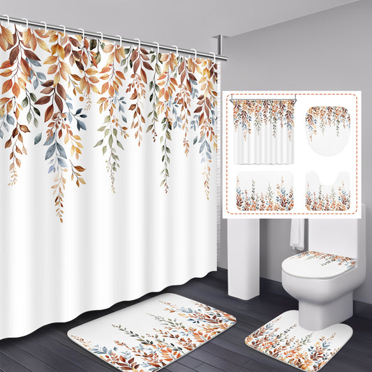FRAMICS 16-Piece Fall Eucalyptus Shower Curtain Sets with Rugs, Watercolor Plant Leaves Bathroom Sets, Waterproof Fabric Bathroom Curtain Decor with Hooks