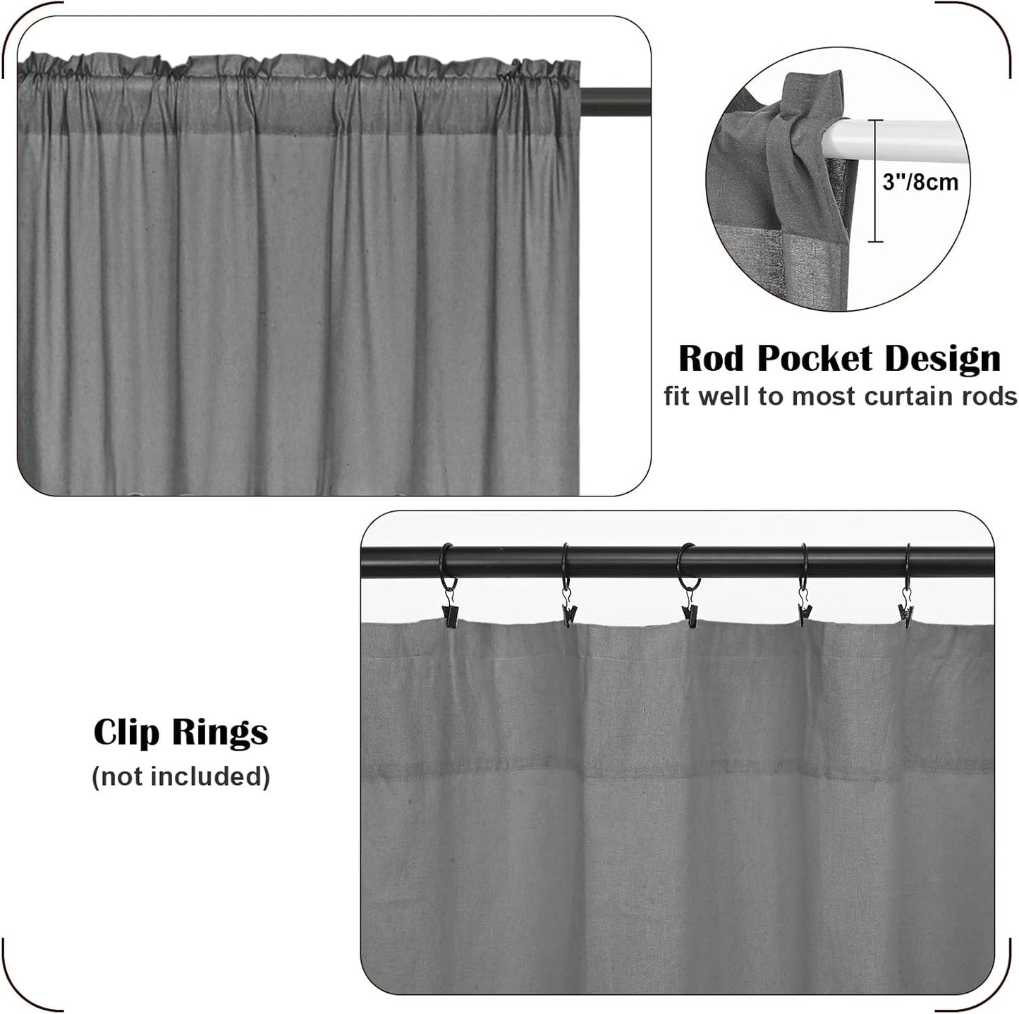 Alishomtll Linen Curtains Farmhouse Boho Button Light Filtering Window Drapes For Living Room Bedroom,Rod Pocket,63"L x 52"W, 2 Panel,Gray White