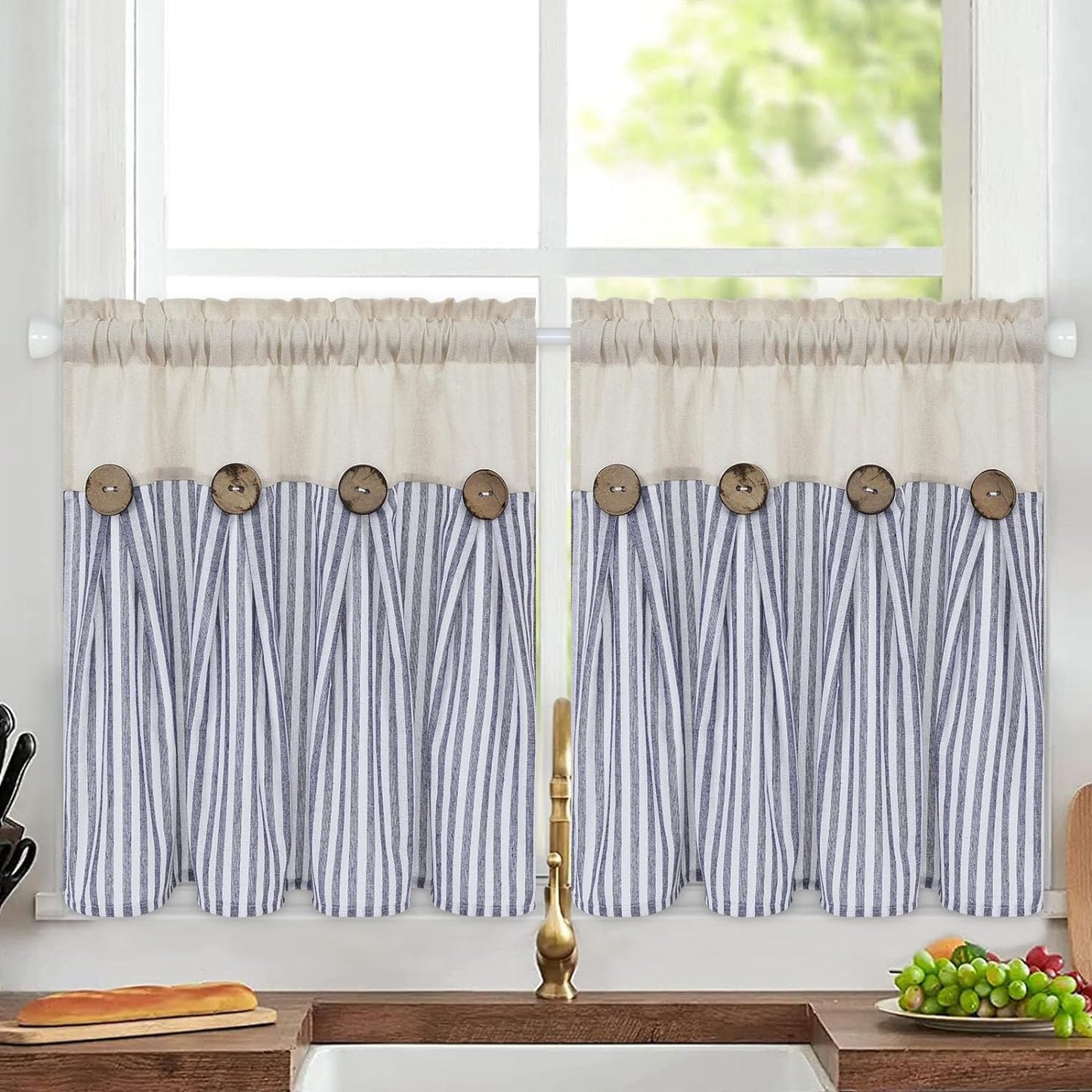Alishomtll Stripe Kitchen Curtains 8 Button Linen Cotton Window Curtains Sets 24 Inches Long ,Rod Pocket