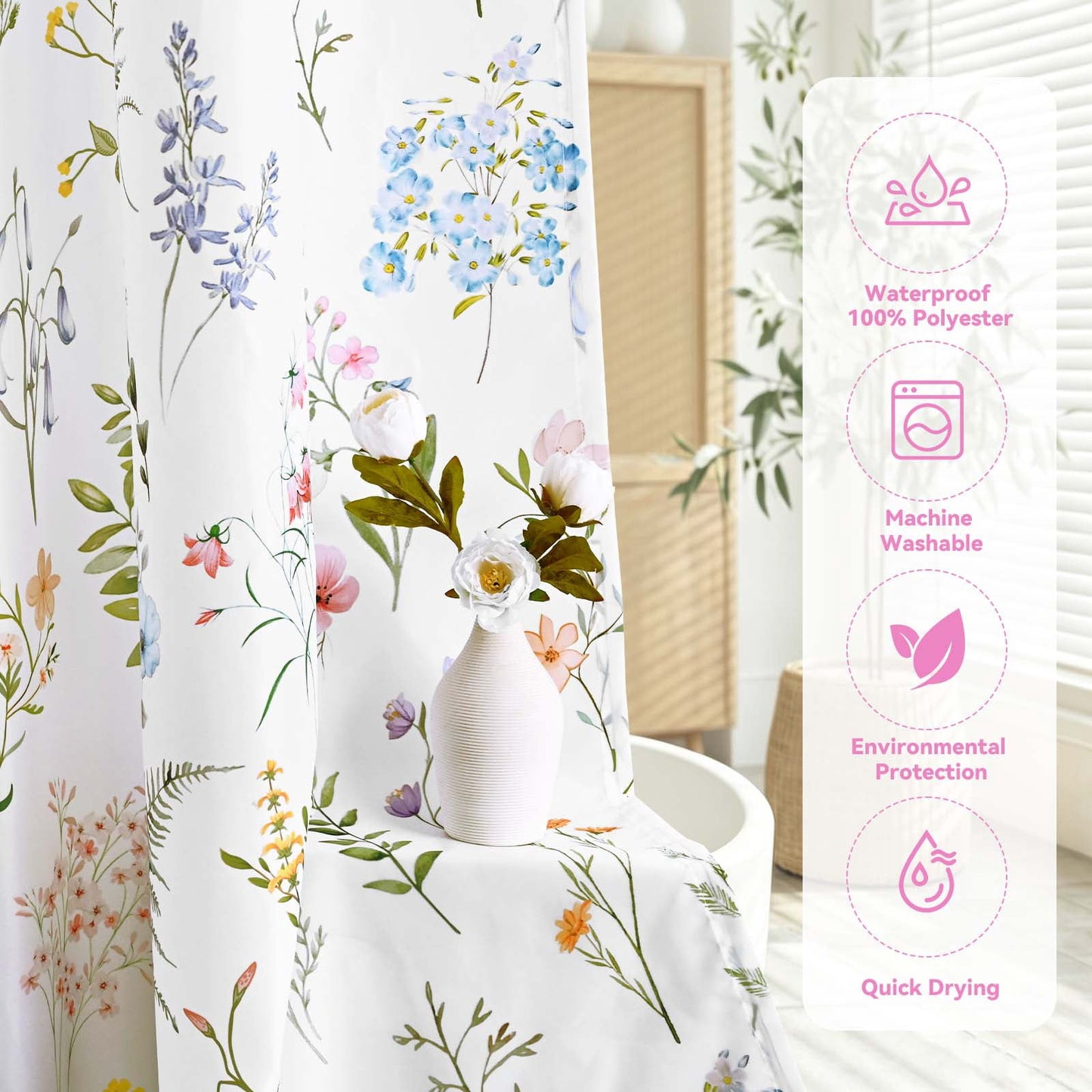 FRAMICS Watercolor Floral Shower Curtain Sets with Rugs, Colorful Wildflower Bathroom Sets with Hooks, Waterproof Fabric Bathroom Curtains, Machine Washable