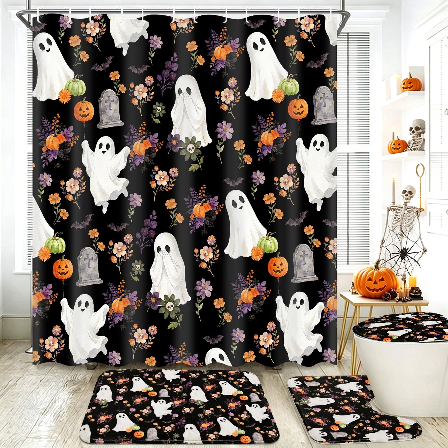 FRAMICS Halloween Cute Ghost Shower Curtain Sets with Rugs, 16-Piece Spooky Floral Pumpkin Bathroom Sets with Hooks, Waterproof Fabric Bathroom Decor 72" x 72"