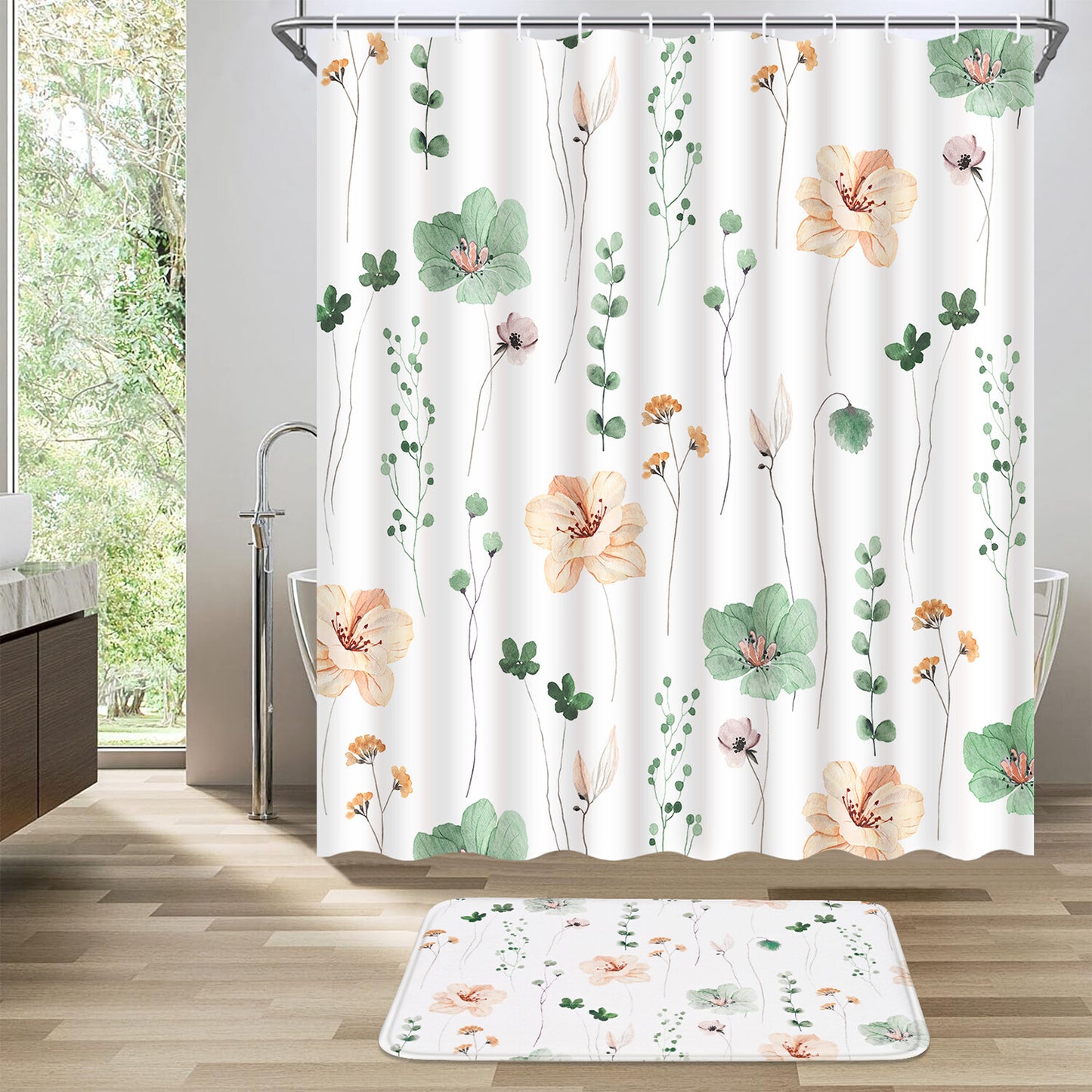 FRAMICS Watercolor Floral Shower Curtain Sets with Rugs, 16 Pc Sage Green Flower Bathroom Sets, Modern Minimalist White Waterproof Fabric Bathroom Curtain Decor with Hooks