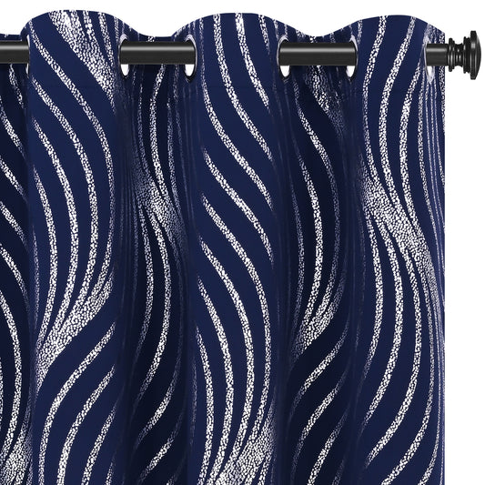 Alishomtll Navy Blue Blackout Curtains for Living Room ,Modern Metallic Silver Wave Pattern Bedroom Thermal Insulated Drapes ,2 Panel Set,52"x63"