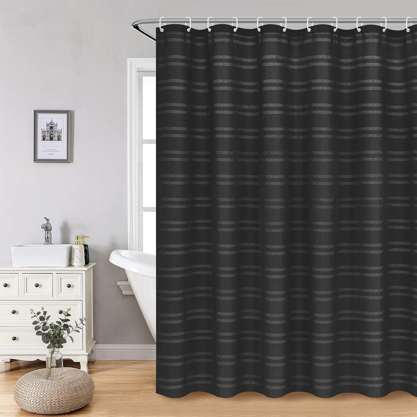 FRAMICS Heavy-Duty Waffle Weave Shower Curtain Sets with Rug, 14-Piece Striped Fabric Bathroom Sets with Hooks, Hotel Grade, Waterproof & Washable, Black, 71.3" x 71.3"