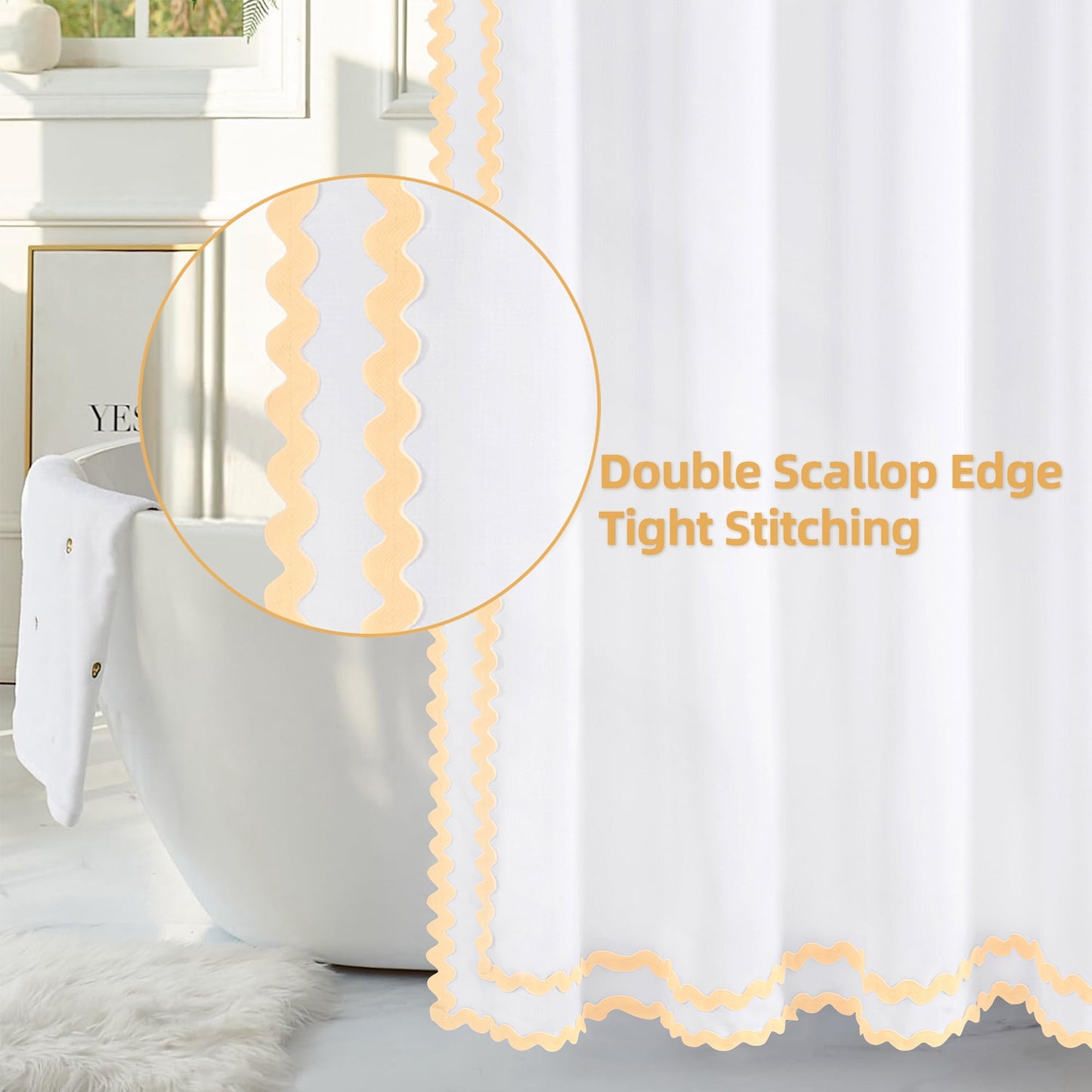 FRAMICS Beige Scalloped Fabric Shower Curtain Sets with Rug, 14 Piece Bathroom Sets with Hooks, Slub Textured Heavy-Duty & Waterproof, 72" x 72"