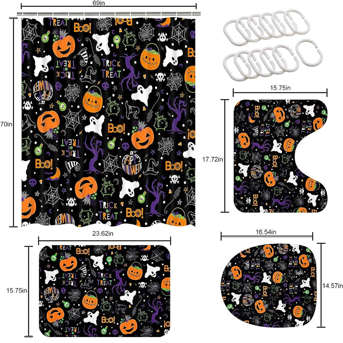 FRAMICS Halloween Shower Curtain Sets with Rugs, 16 Pc Pumpkin Spooky Ghost Bathroom Sets, Black Waterproof Fabric Shower Curtain with 12 Hooks and Toilet Rugs