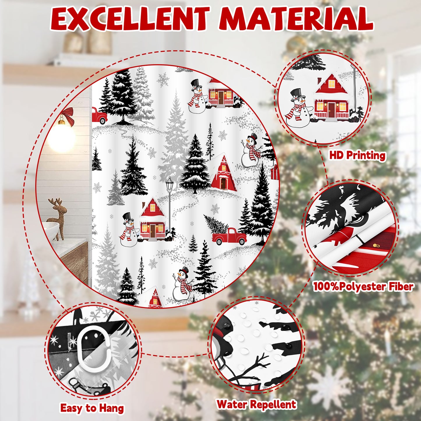 FRAMICS Christmas Snowman Shower Curtain Sets with Rugs, 16 Pcs Pine Tree Truck Bathroom Sets, Waterproof Fabric Bathroom Curtain for Home Holiday Decor with Hooks