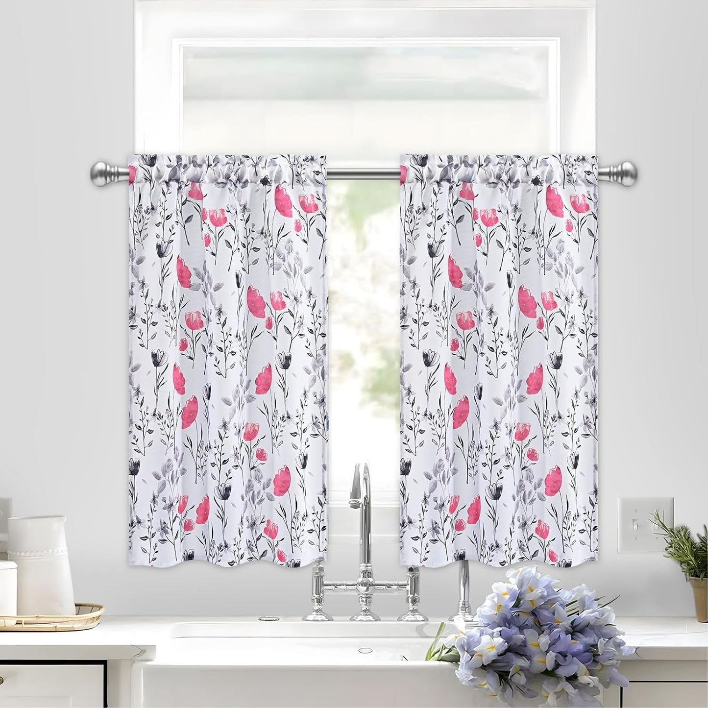 Alishomtll Kitchen Curtains Floral Print Tier Curtains Sets Light Filtering Small Window Drapes Rod Pocket ,26"Wx36"L,2 Panels,Hot Pink