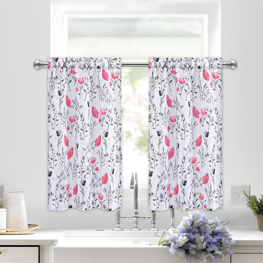 Alishomtll Kitchen Curtains Floral Print Tier Curtains Sets Light Filtering Small Window Drapes Rod Pocket ,26"Wx36"L,2 Panels,Hot Pink