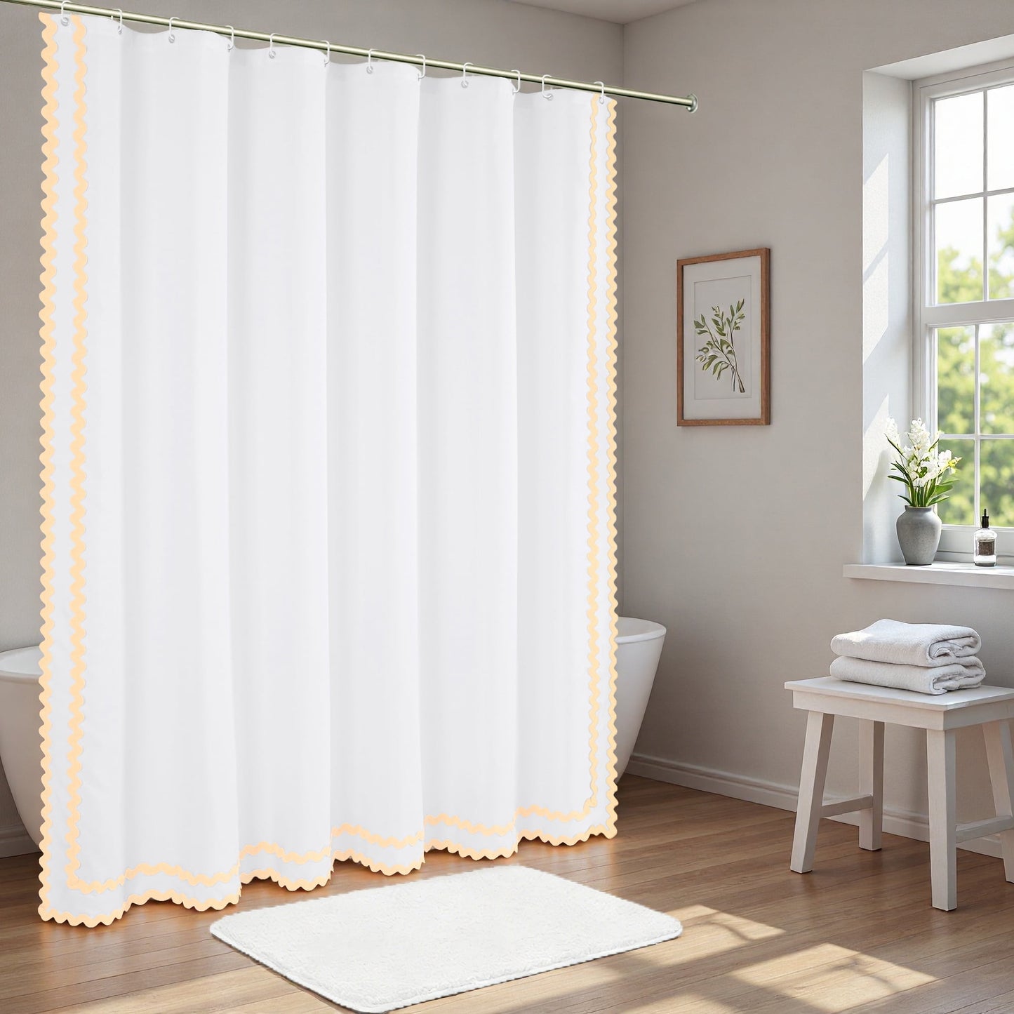 FRAMICS Beige Scalloped Fabric Shower Curtain Sets with Rug, 14 Piece Bathroom Sets with Hooks, Slub Textured Heavy-Duty & Waterproof, 72" x 72"