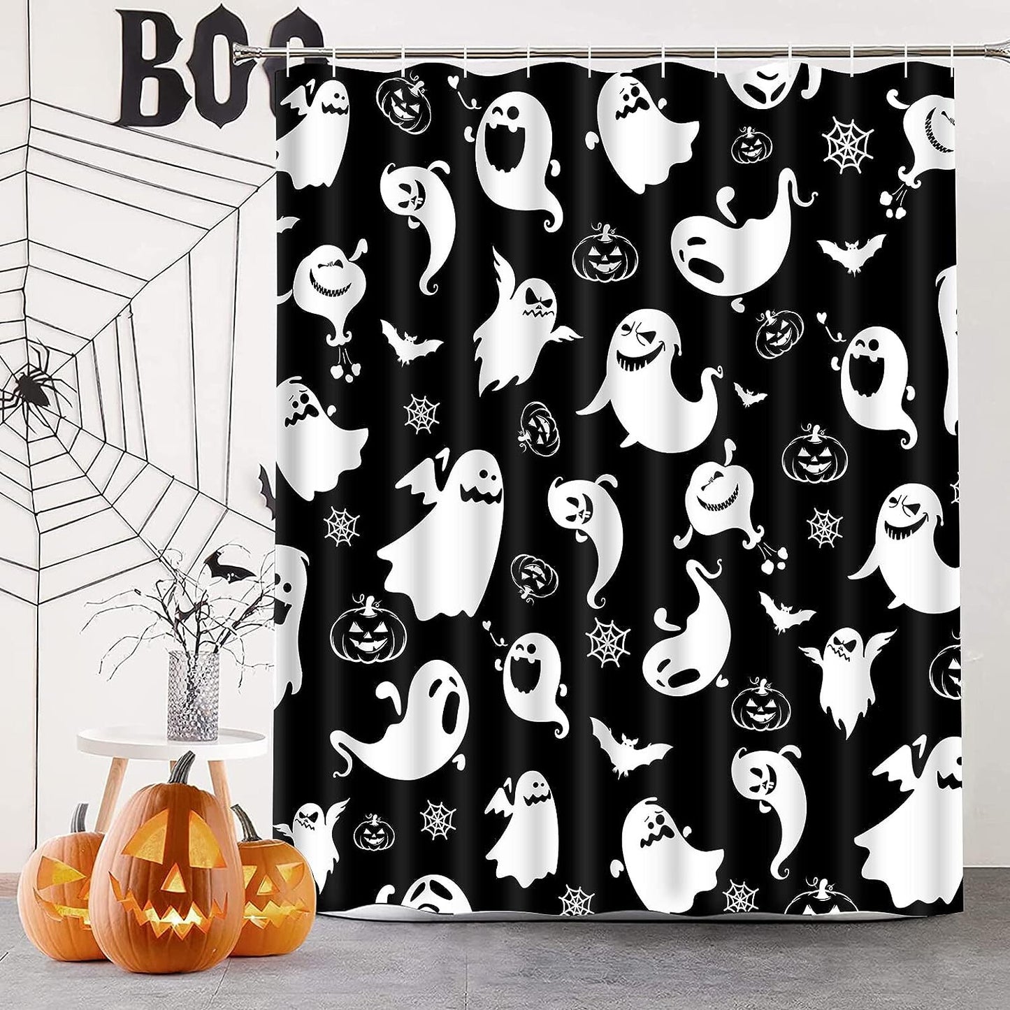 FRAMICS Halloween Ghost Shower Curtain Sets with Rugs and Accessories, 16 Pc Funny Spook Bathroom Sets, Black White Waterproof Fabric Shower Curtain with 12 Hooks and Toilet Rugs