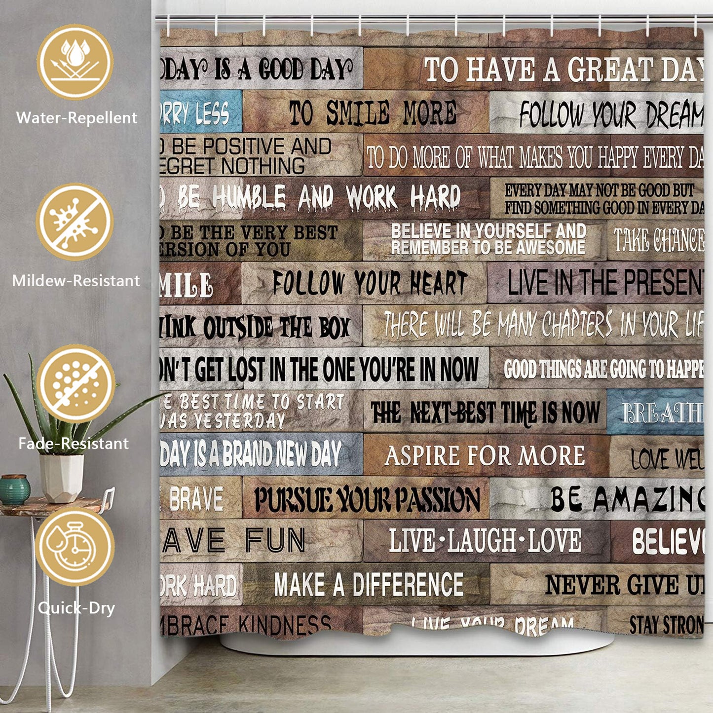 FRAMICS Brown Inspirational Quotes Shower Curtain and Rug Sets, 16 Pc Vintage Wooden Bathroom Decor Set, Waterproof Shower Curtain with 12 Hooks and Toilet Rugs