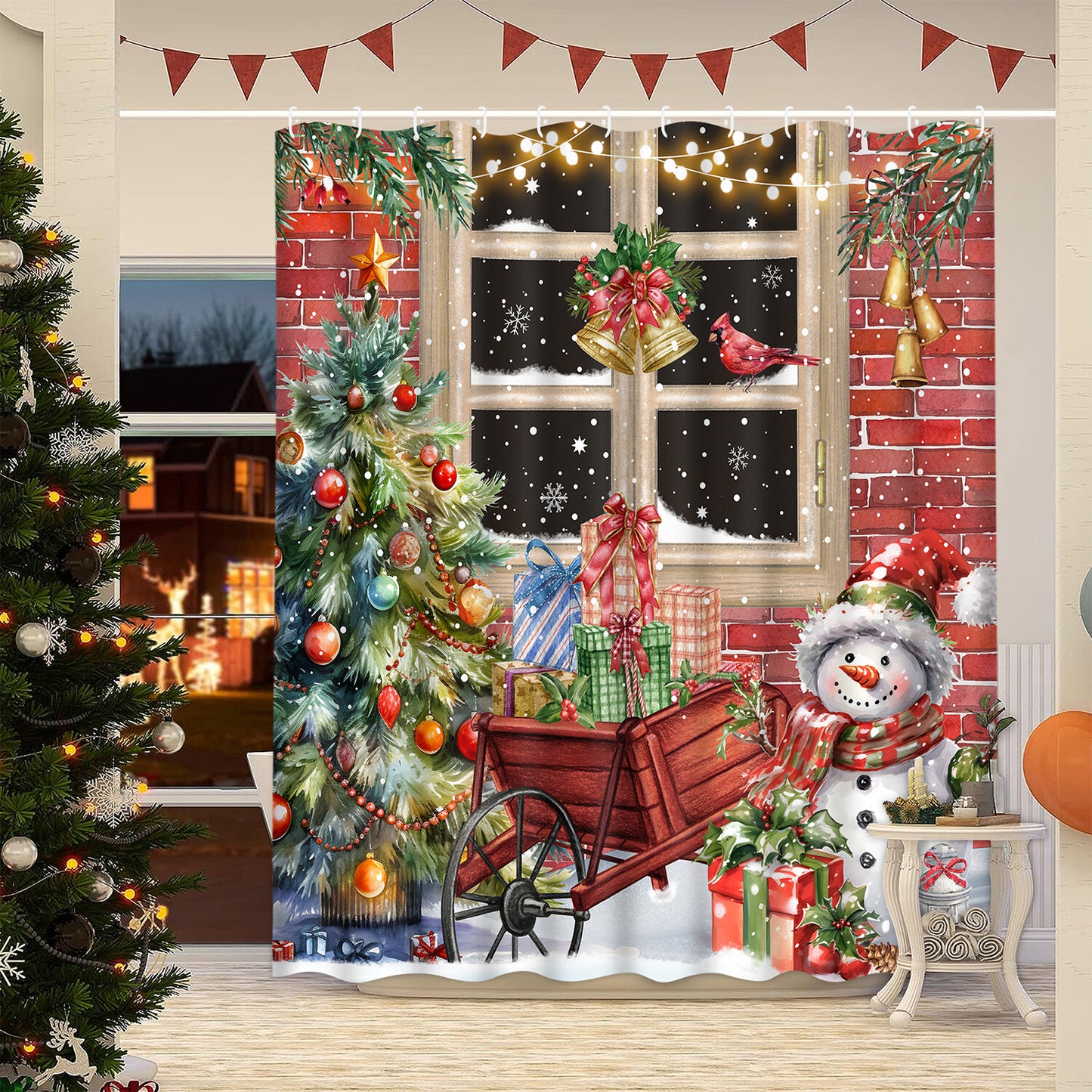 FRAMICS Merry Christmas Shower Curtain Sets with Rugs, Xmas Trees Snowman Bathroom Decor Sets, Red Vintage Farmhouse Waterproof Fabric Shower Curtain with 12 Hooks and Toilet Rugs