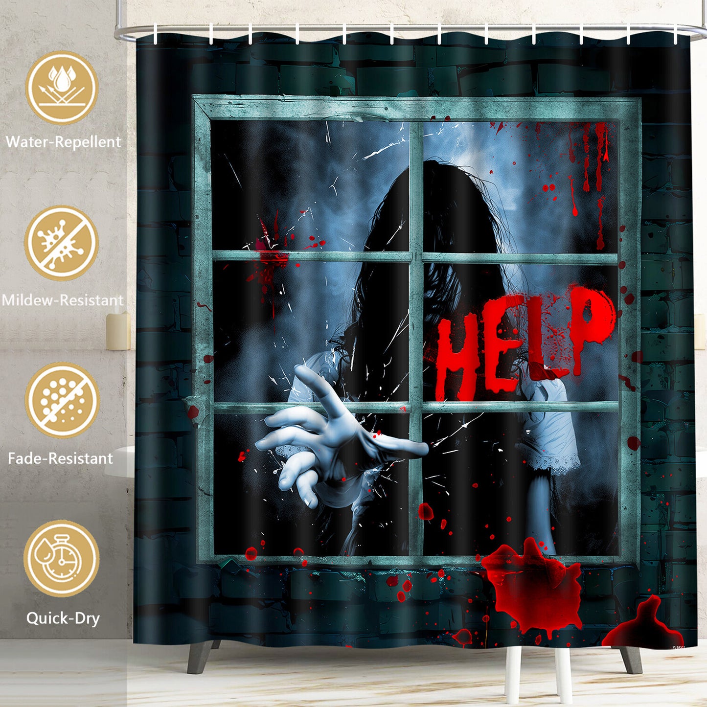 FRAMICS 16 Pc Halloween Shower Curtain Sets with Rugs, Help Me Bloody Hands Bathroom Sets, Scary Ghost Waterproof Fabric Shower Curtain with 12 Hooks and Toilet Rugs