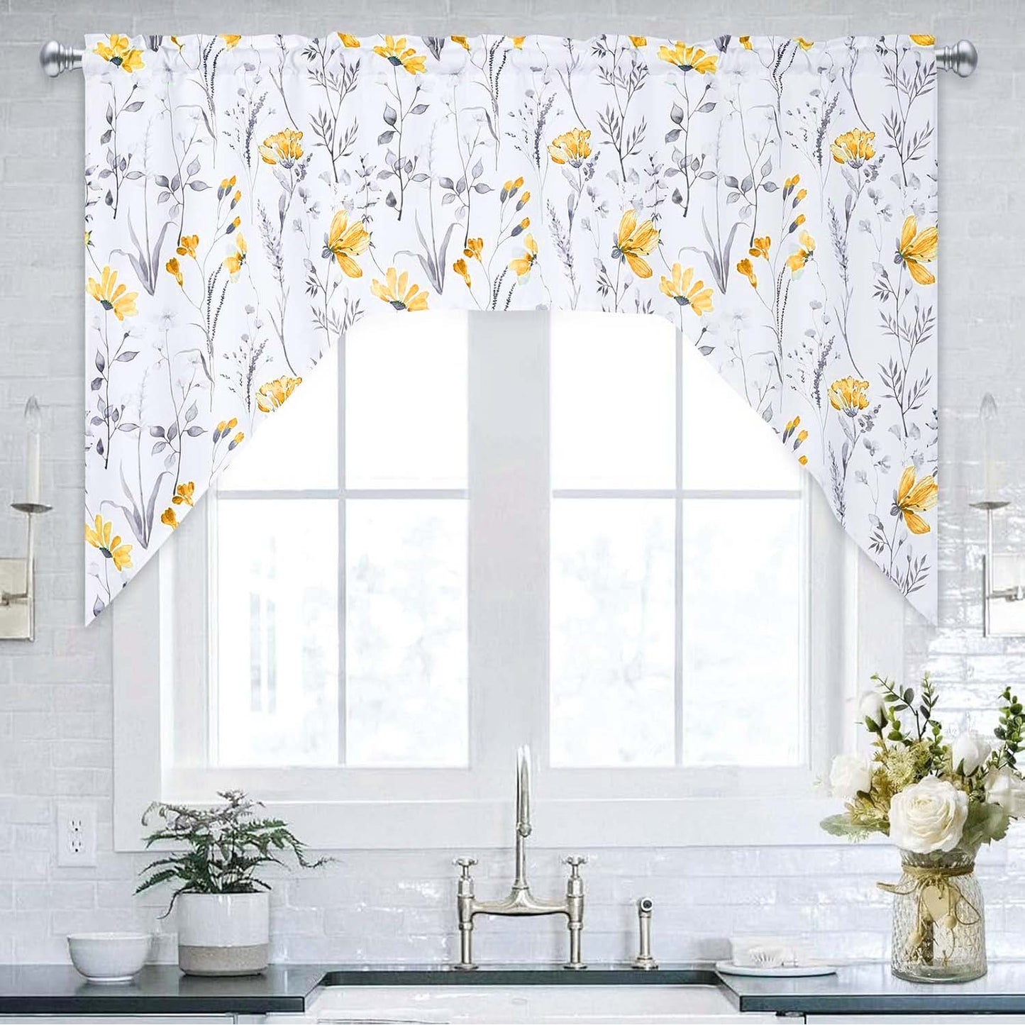 Alishomtll Kitchen Curtains Yellow Floral Valance Swag Curtains Watercolor Flower Window Drapes,61" W x 36" L,Rod Pocket